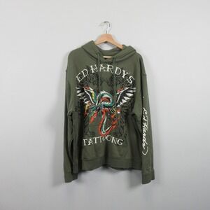 Ed Hardy Mens Tattooing Dragon Graphic Hoodie Olive Green XL EHM 1300 46